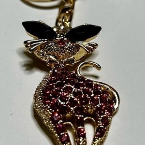 Gold Fancy Cat Keychain or Bag Charm with Red Rhinestones